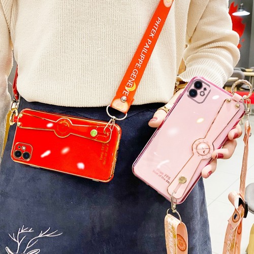 Electroplated Phone Case With Compass Wrist Strap For iPhone Extra Provided Shoulder Strap